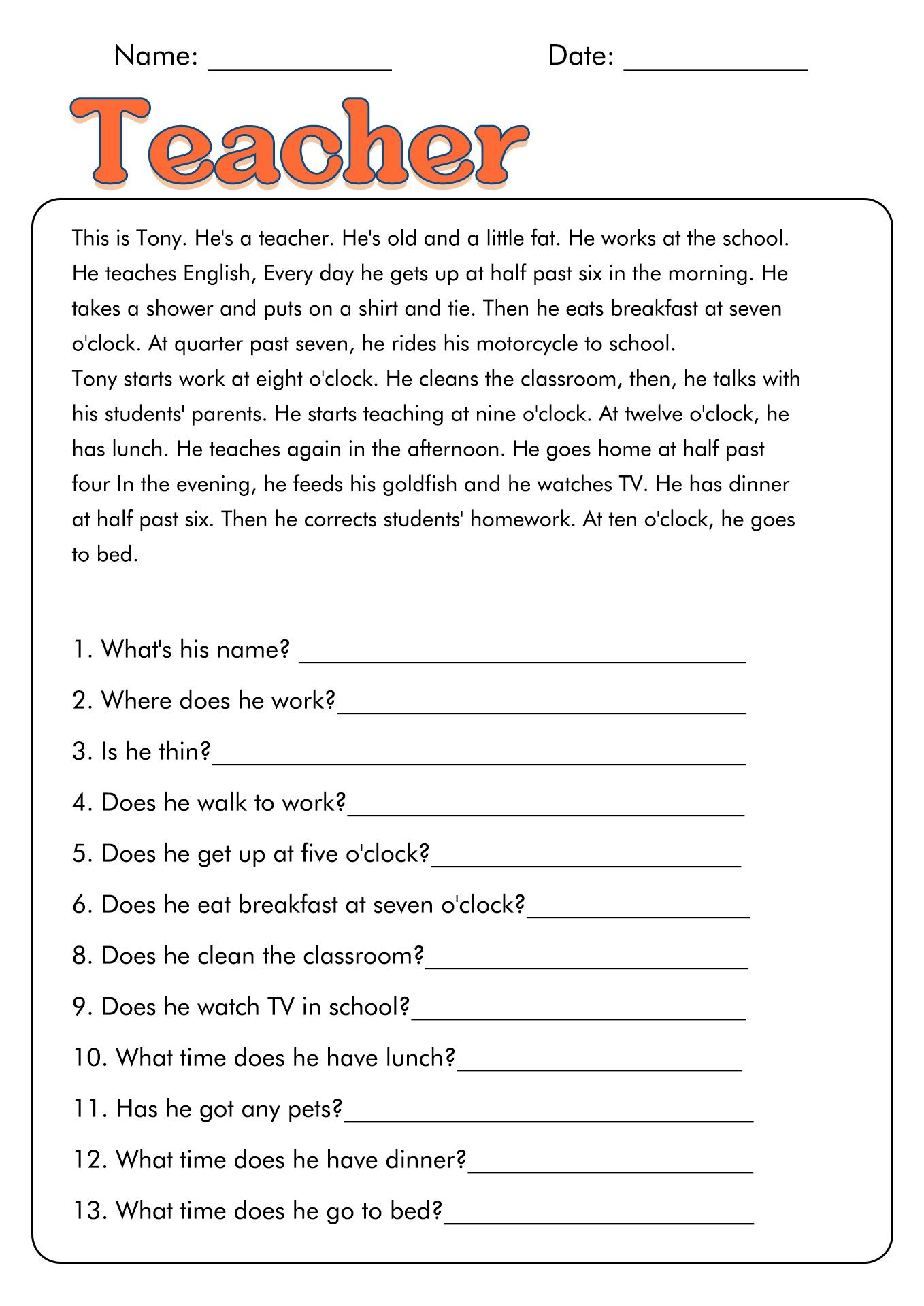 esl reading and comprehension worksheets