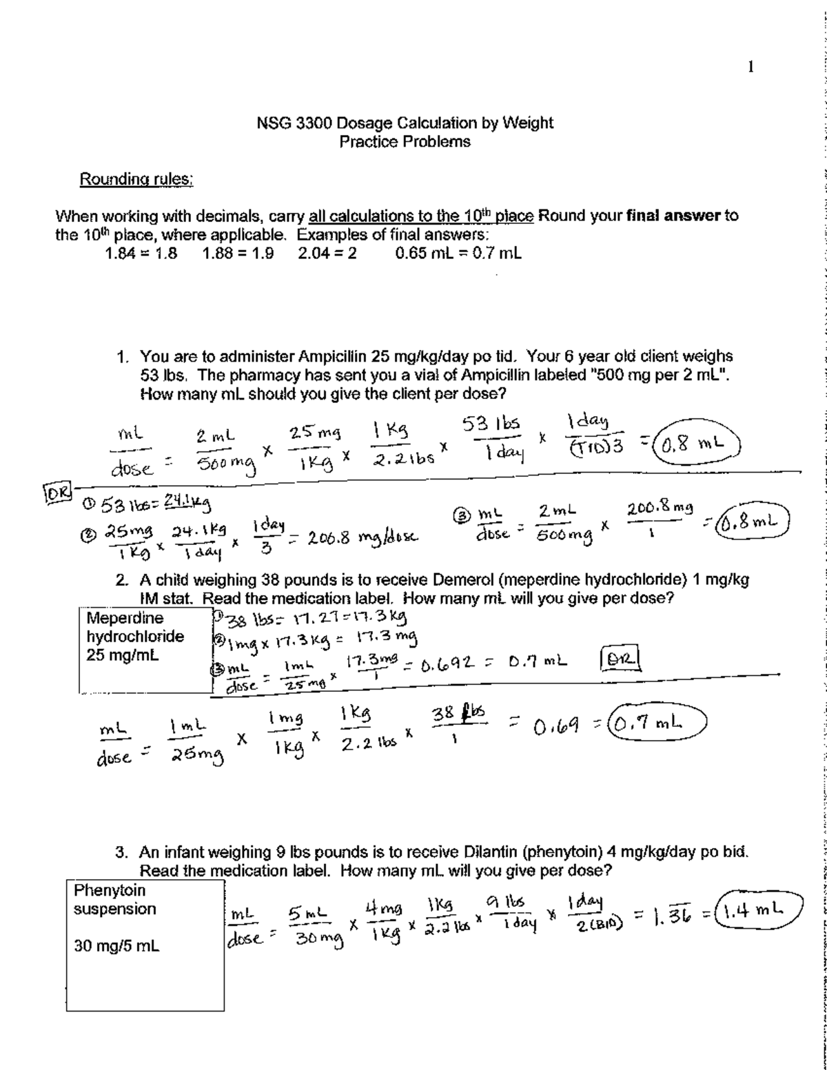 Pediatric Calculation Worksheet KEY 1 NSG 3300 Dosage Calculation Weight Practice Problems Studocu