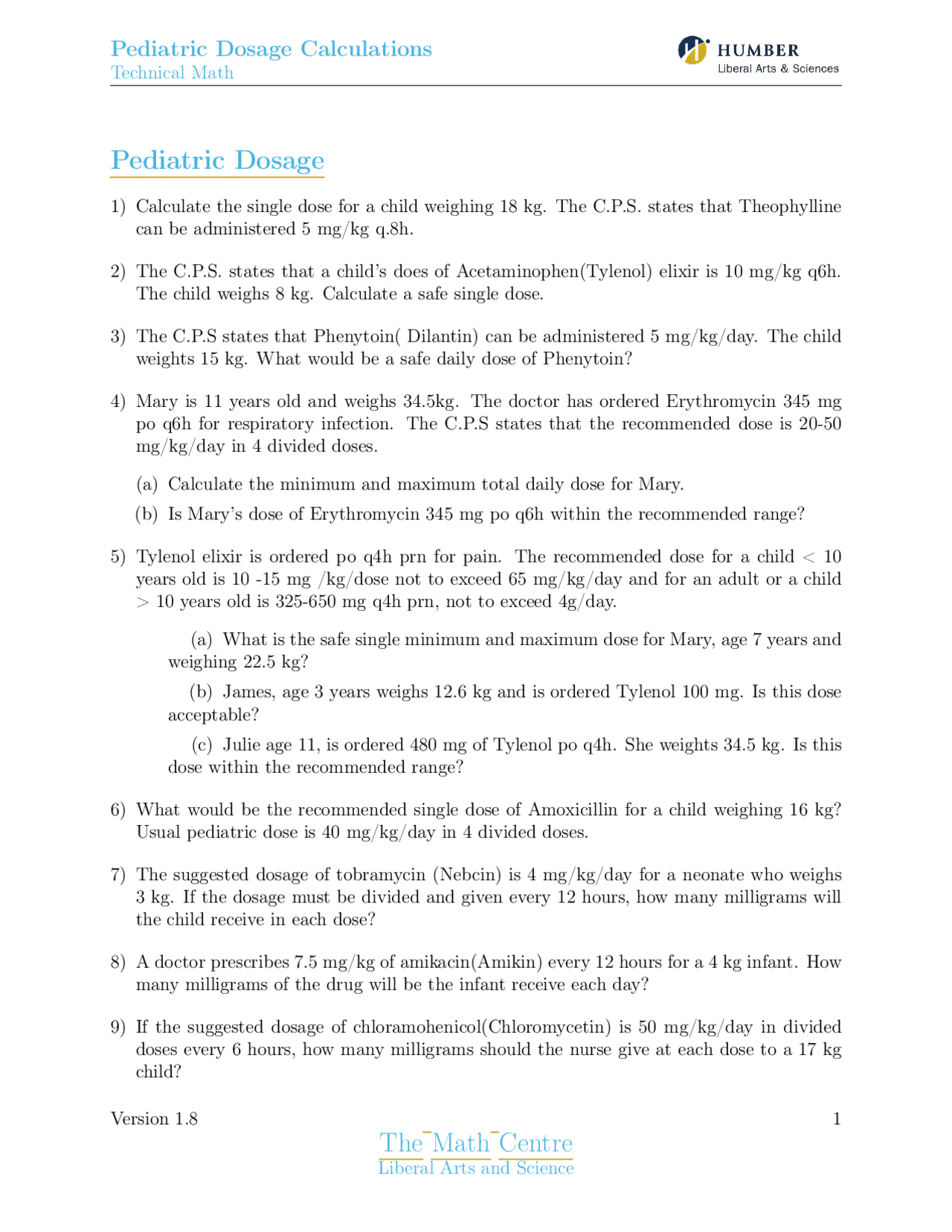Pediatric Dosage Calculations Worksheet With Key Exercises Mathematics Docsity