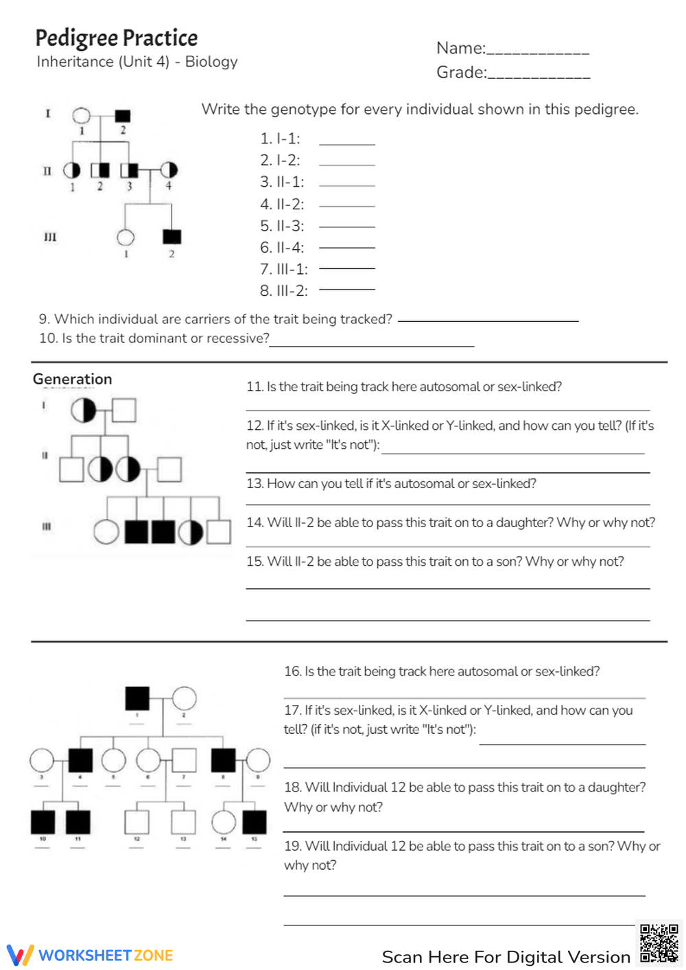Pedigree Worksheets Printable