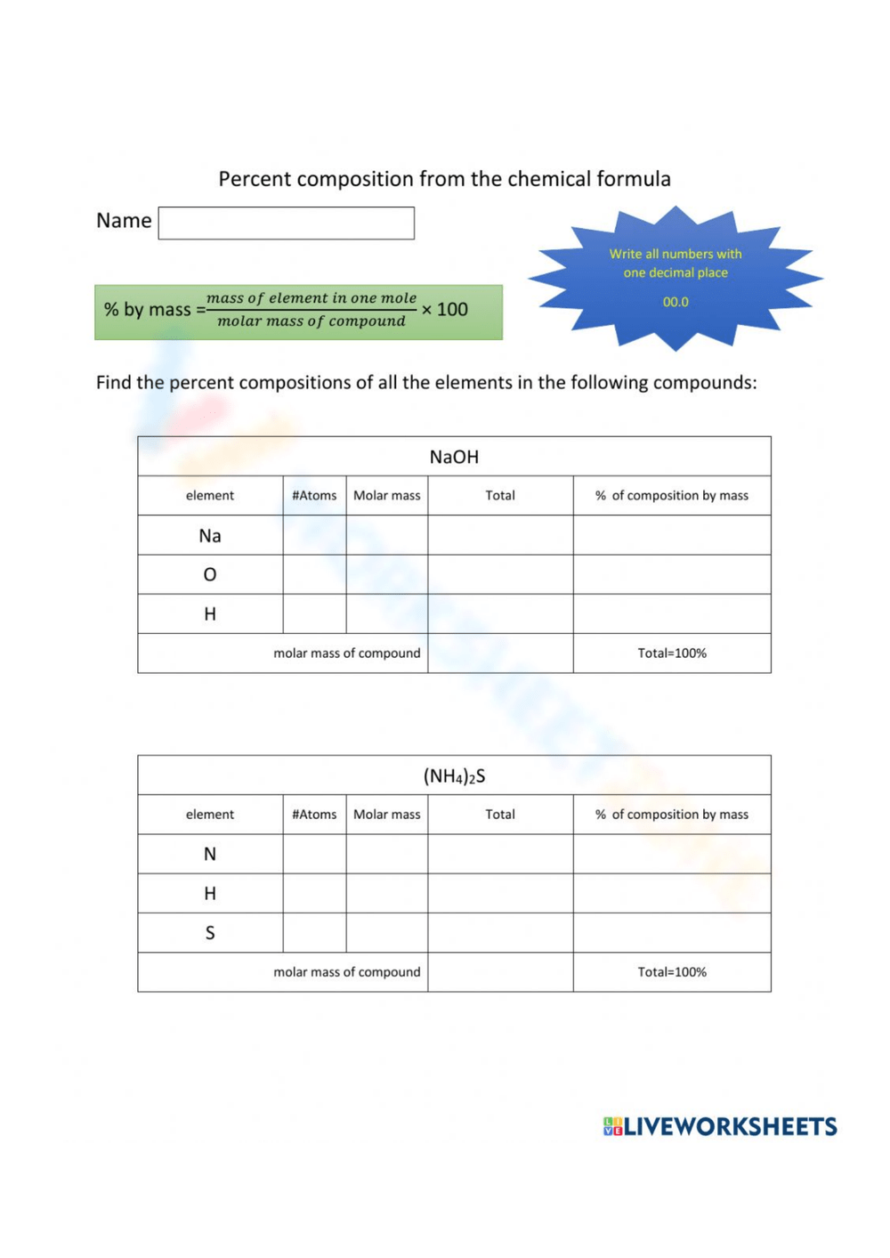 Percent Composition Worksheets Printable