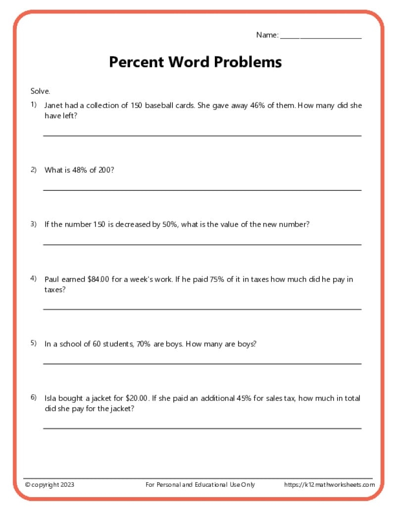 Percent Word Problems Worksheets K12 Math Worksheets