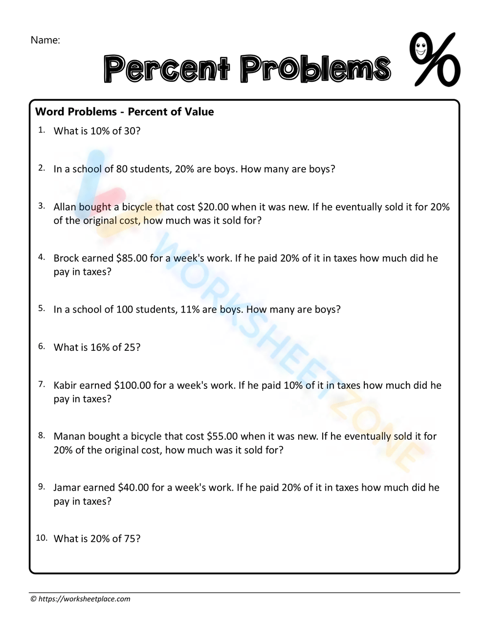 Percent Word Problems Worksheets