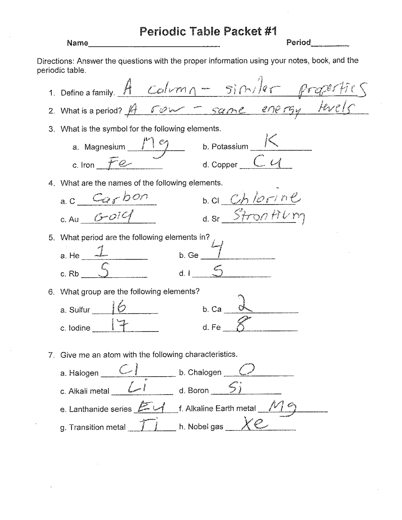 Periodic Table Worksheet Answers Key Exercises Chemistry Docsity