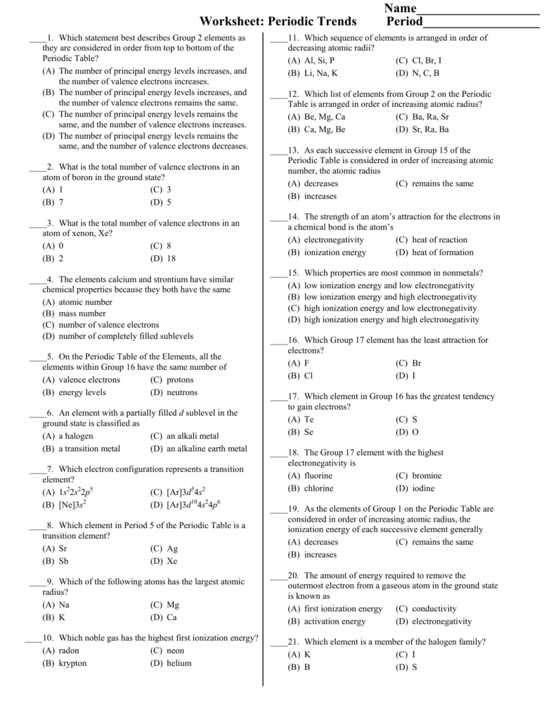 Periodic Trends Worksheet Chemistry Review Periodic Trends Worksheet Chemistry Review