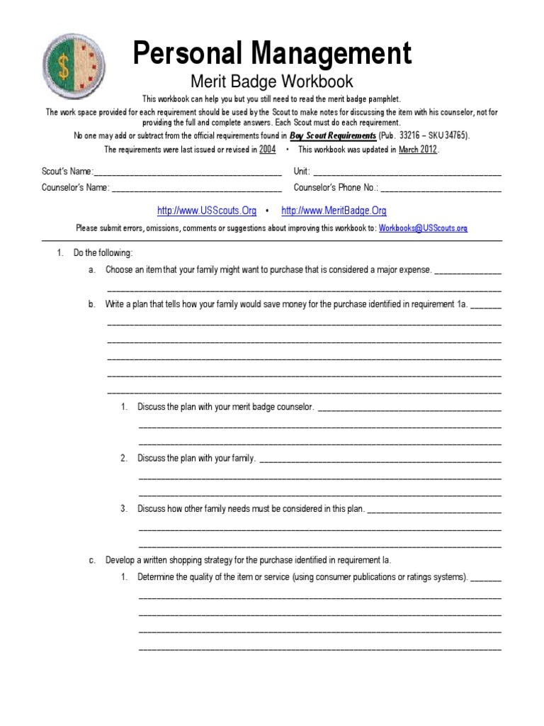 Personal Management BSA Merit Badge Worksheets PDF Boy Scouts Worksheets Library