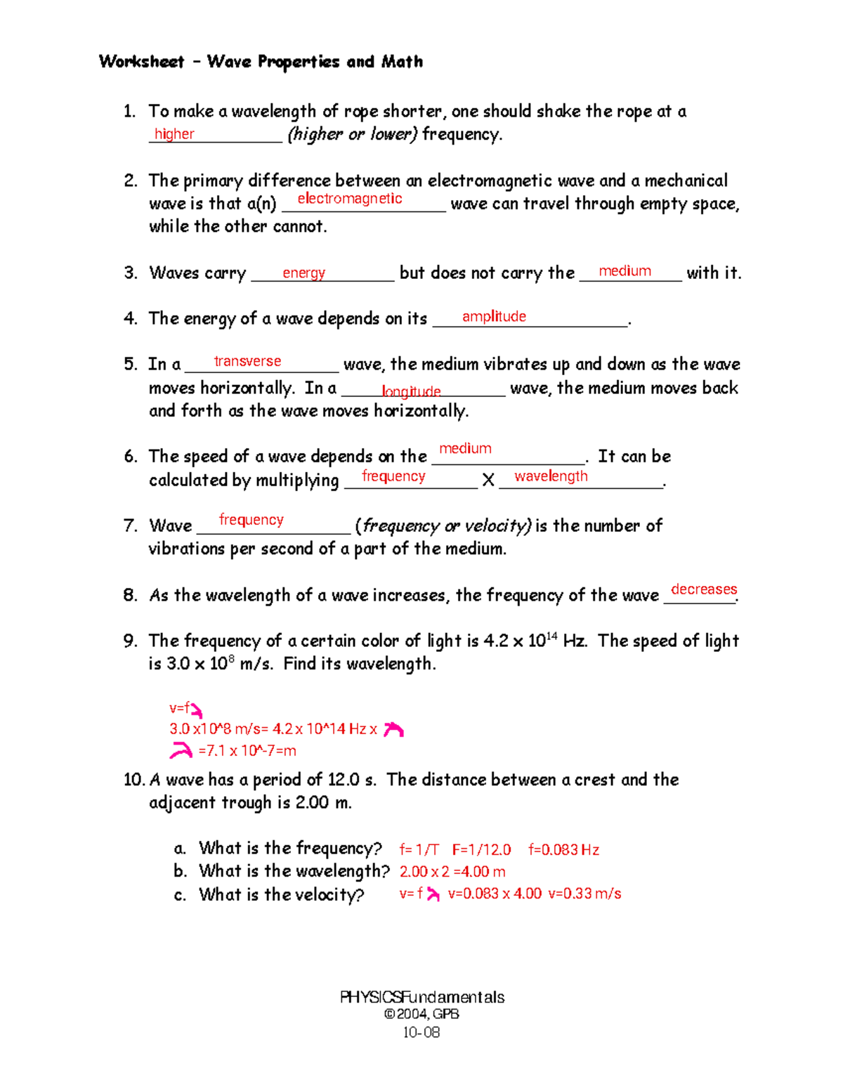 wave worksheet answer key