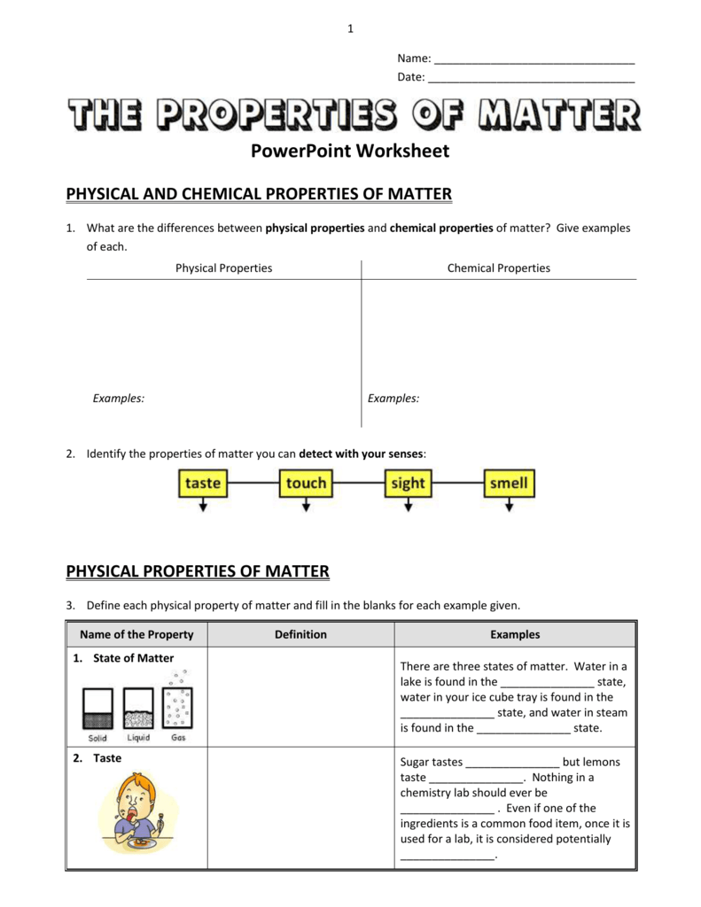 Physical Chemical Properties Of Matter Worksheet