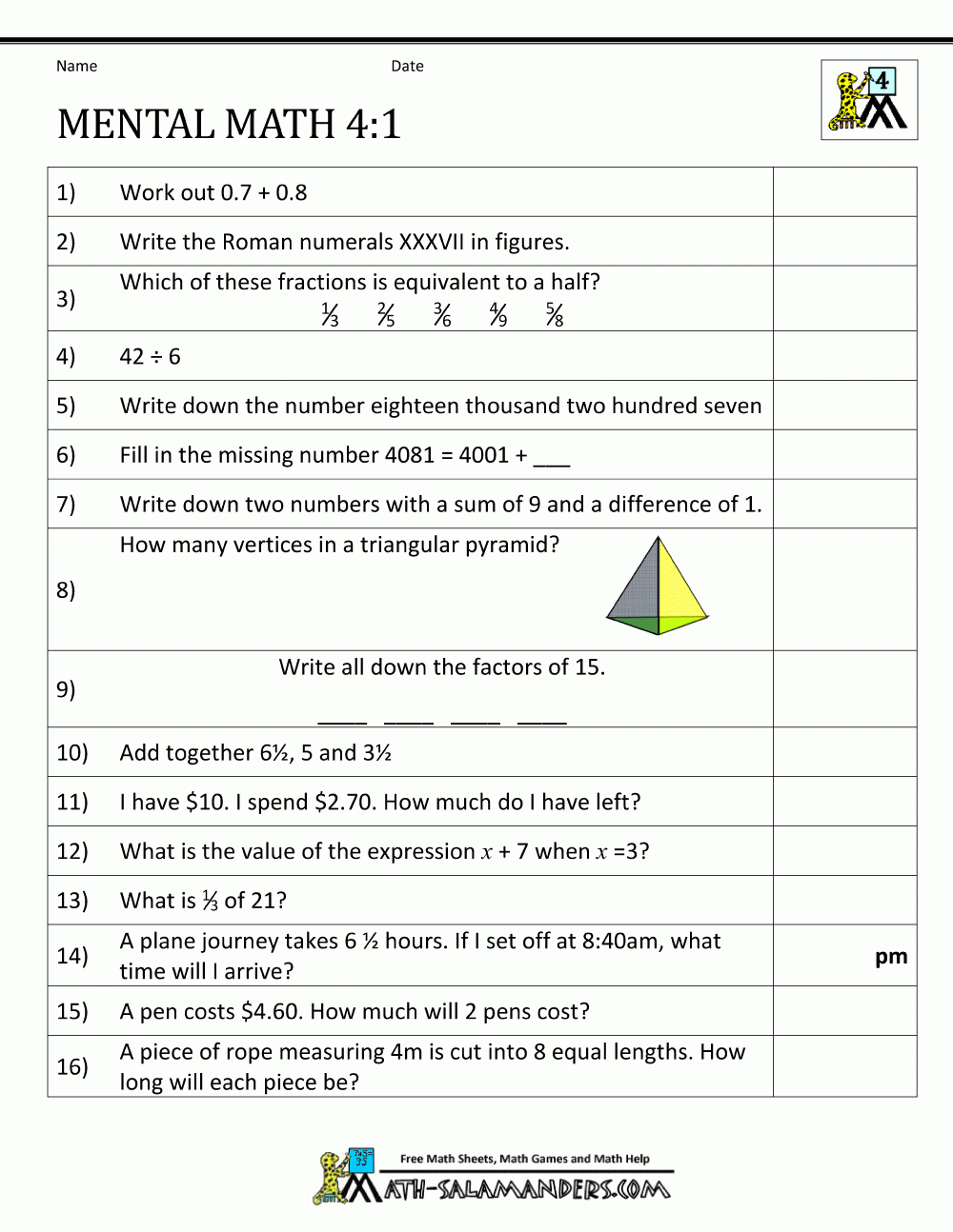 mental math worksheets