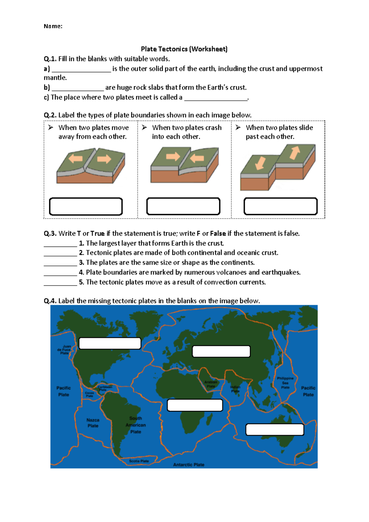 Plate Tectonics Worksheet Activity PDF For Student Use Studocu