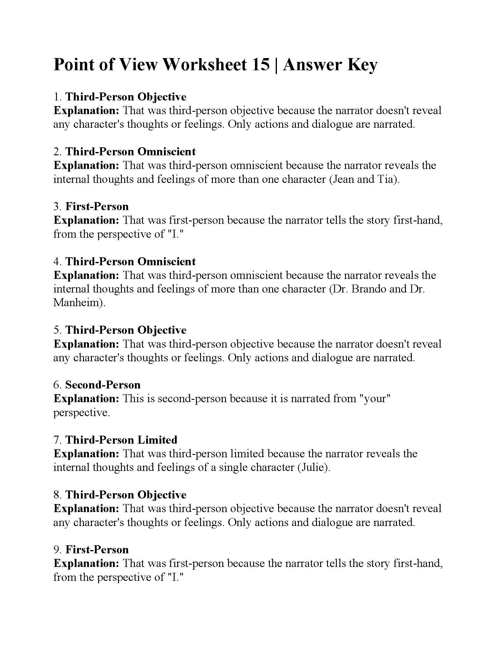 Point Of View Worksheet 15 Answers