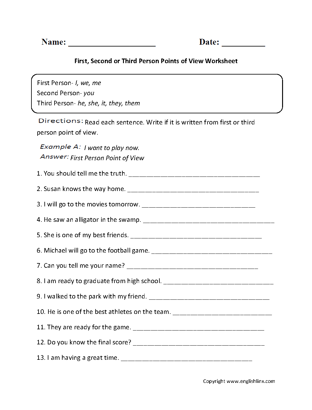 Point Of View Worksheets First Seconnd Or Third Person Points Of View Worksheet