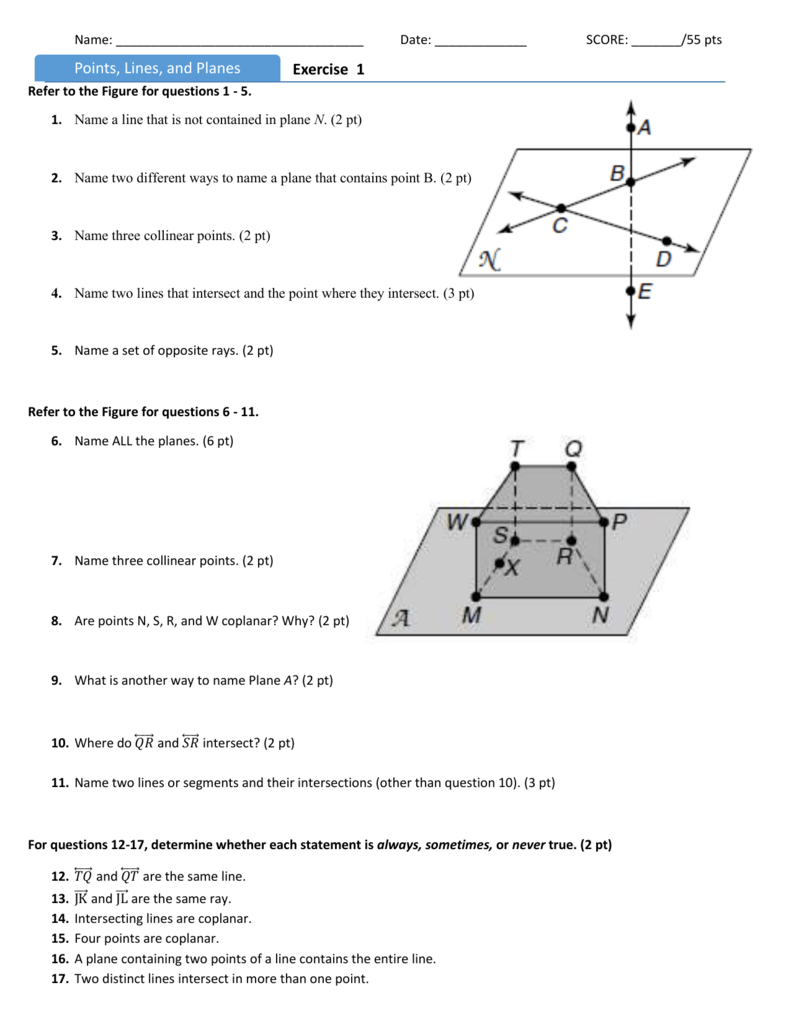 Points Lines And Planes Geometry Worksheet
