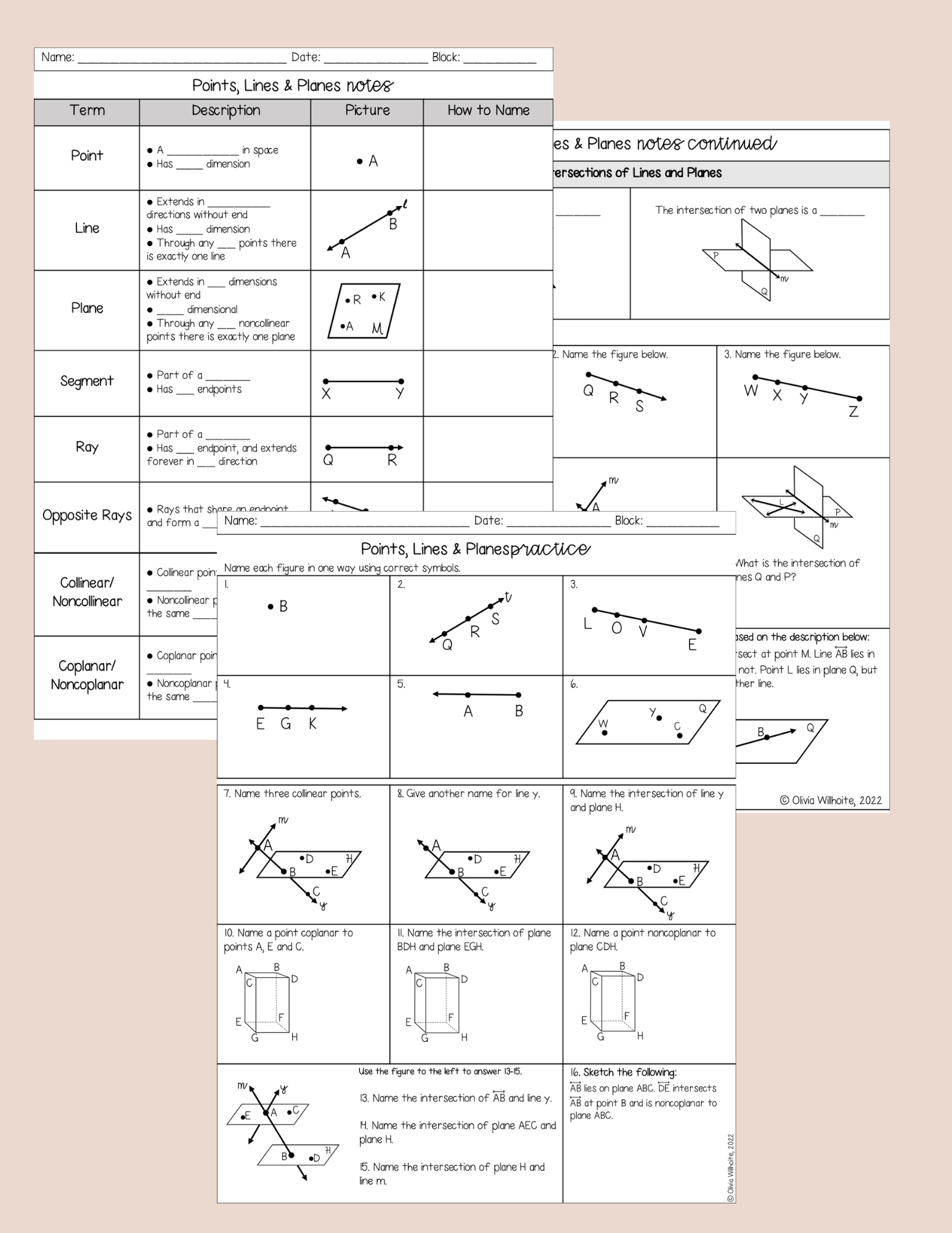 Points Lines And Planes Notes Worksheet Classful
