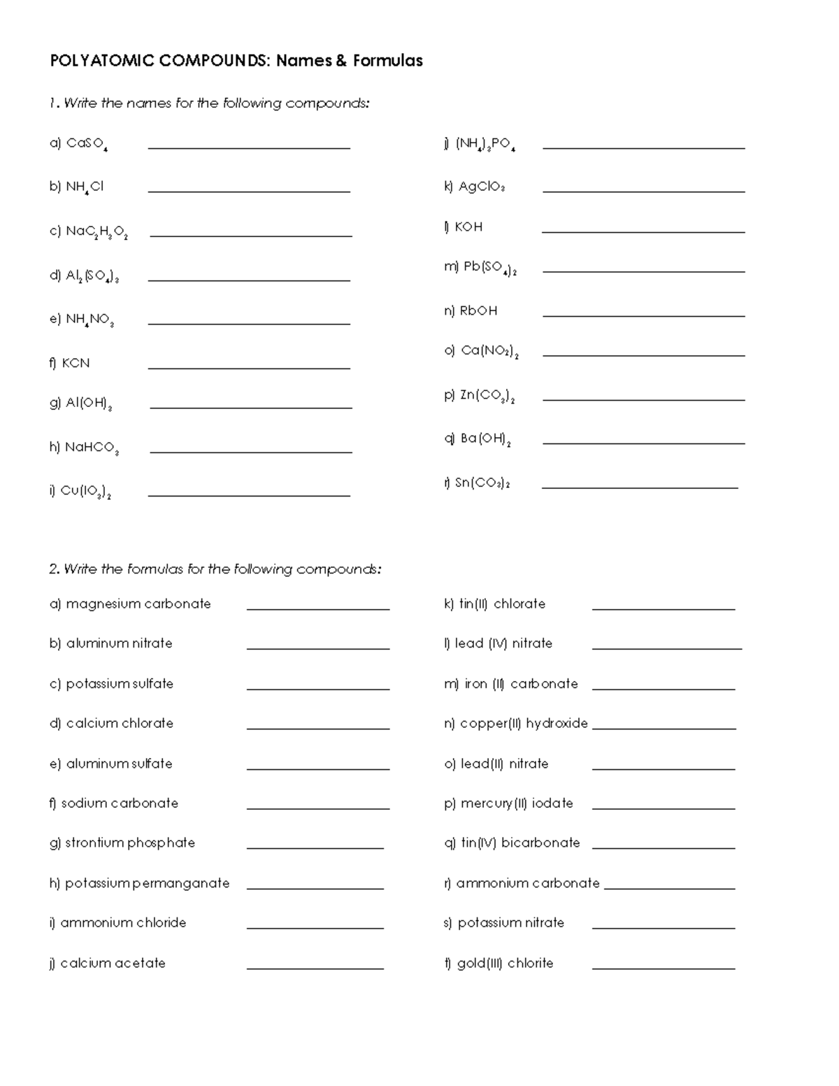 Polyatomic Ions Worksheet Names Formulas Practice Studocu