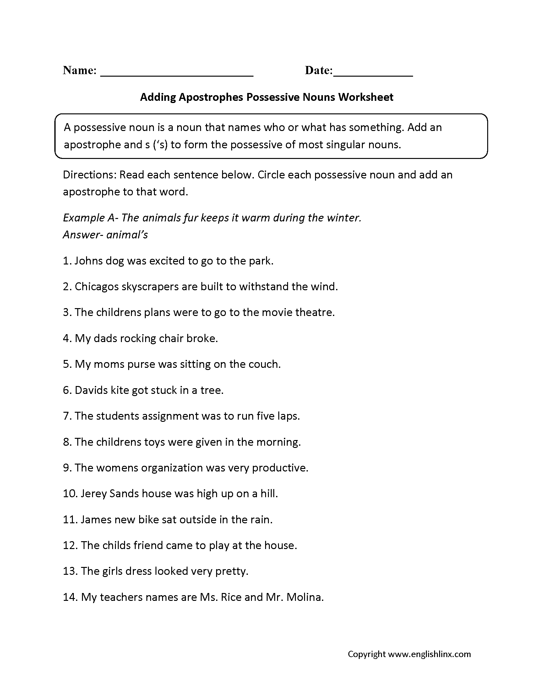 Possessive Nouns Worksheets Adding Apostrophes Possessive Nouns Worksheets