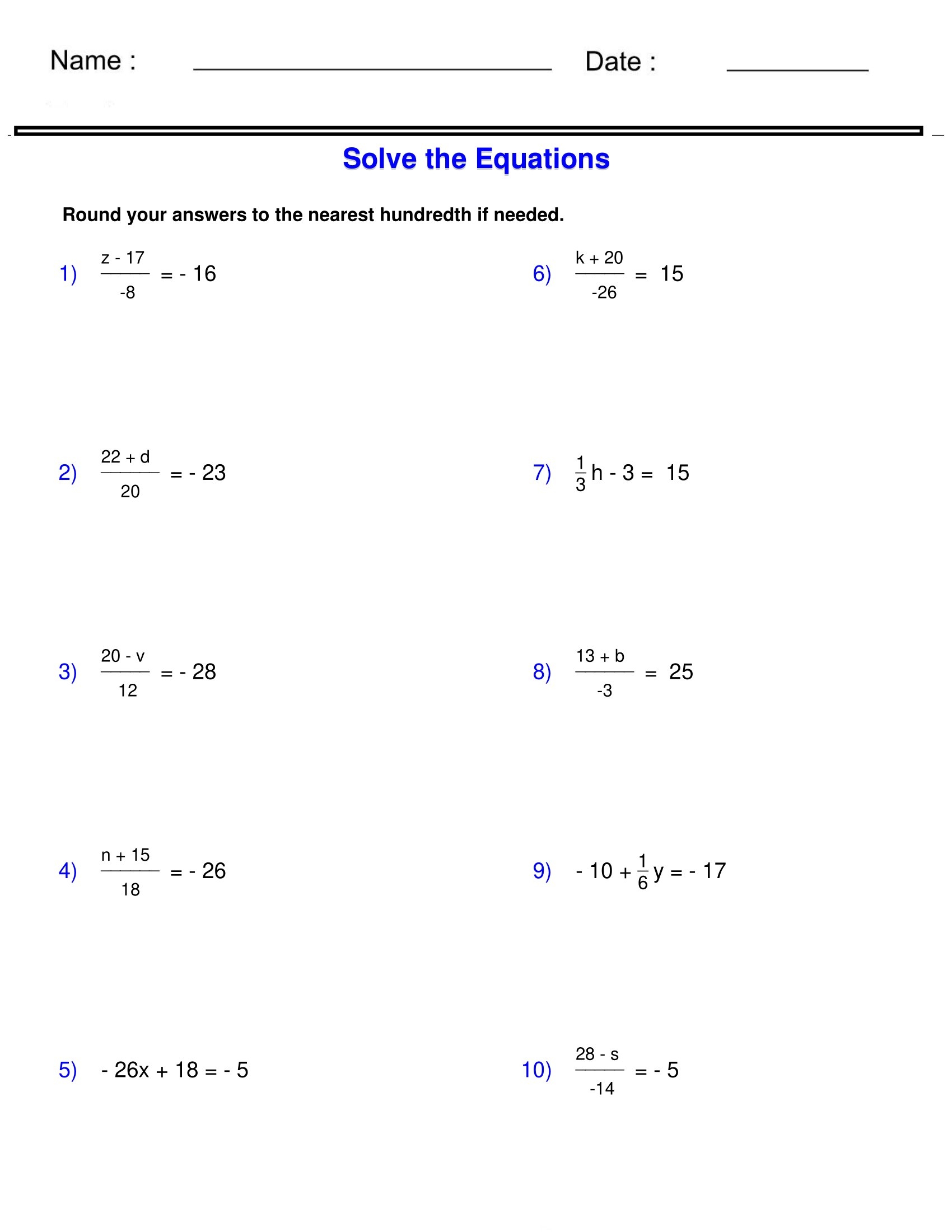 Pre Algebra Equations Two Step Equations Containing Integers Worksheets Made By Teachers