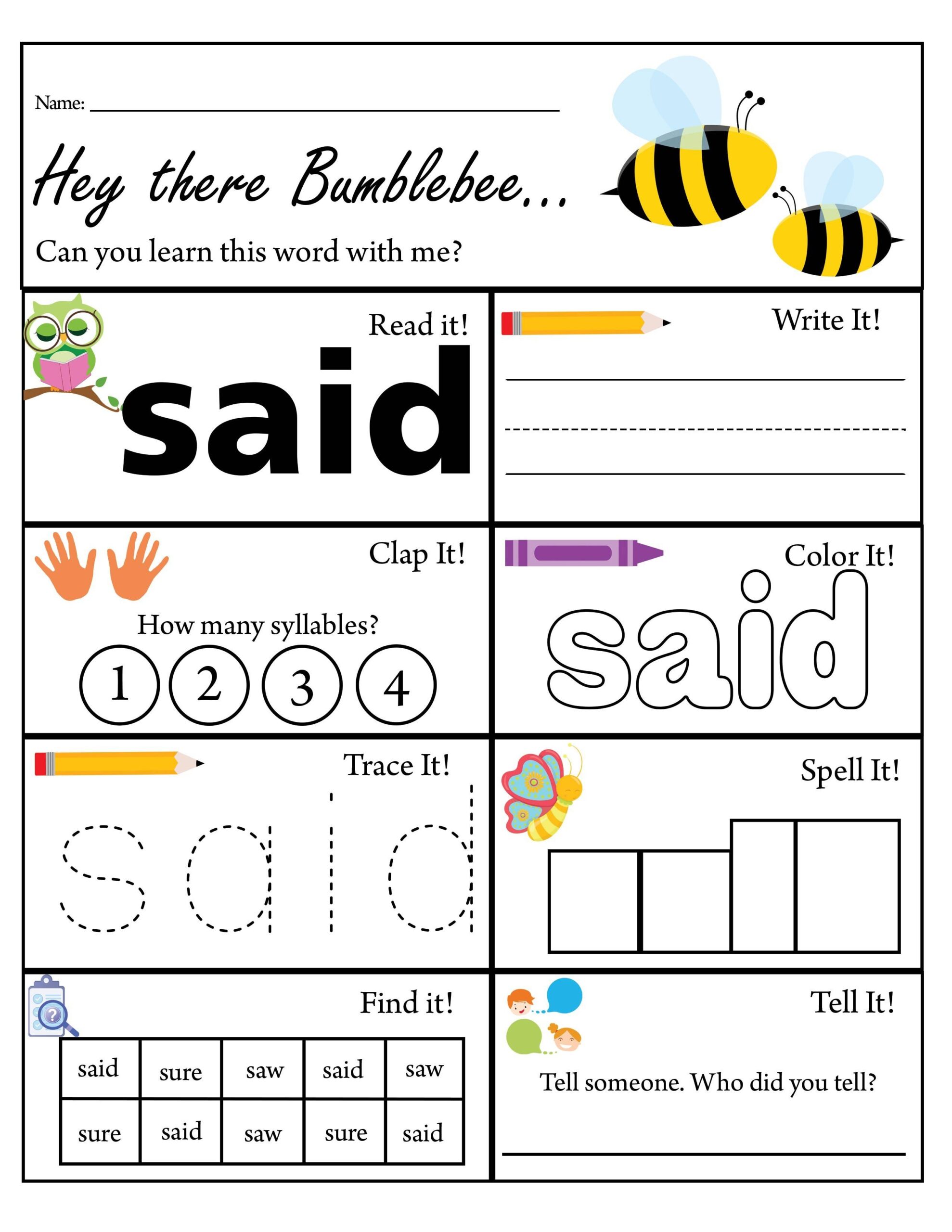 Pre K Sight Word Said Worksheet Dolch Sight Words TPT Pre K Sight Word Said Worksheet Dolch Sight Words TPT