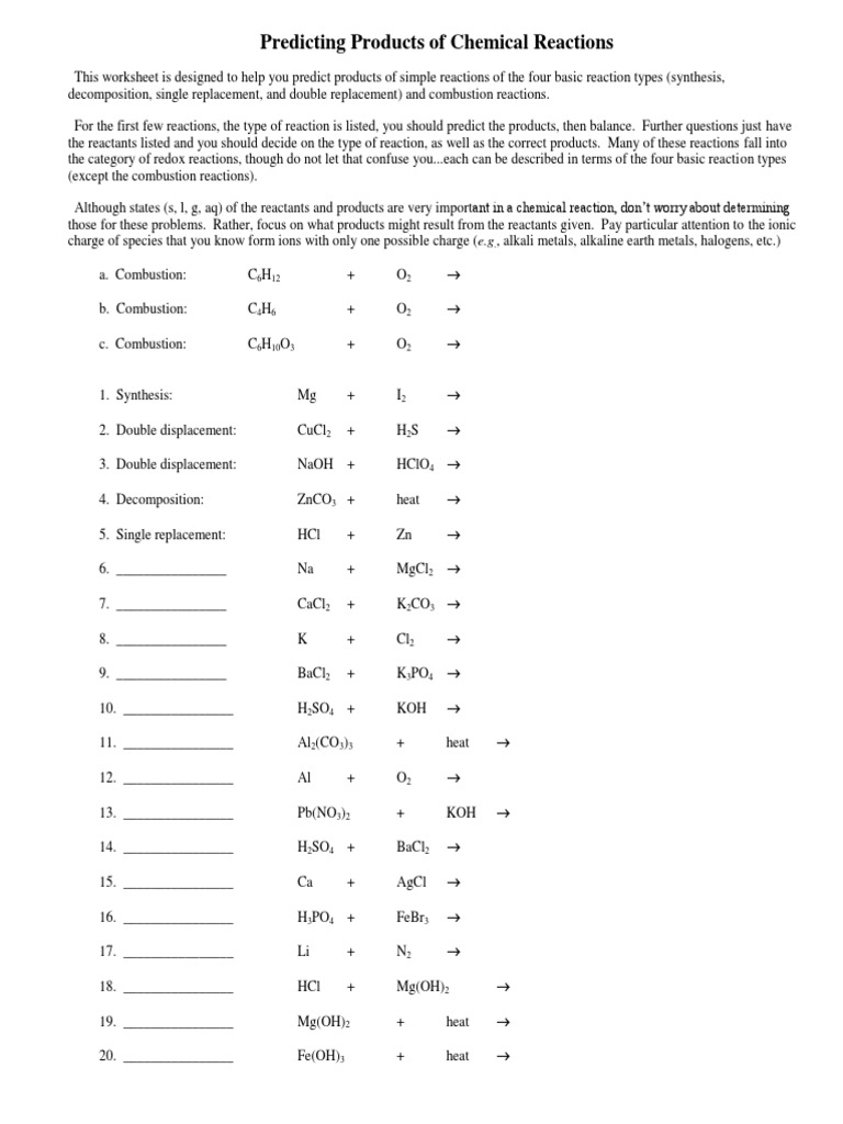 Predicting Products Of Chemical Reactions PDF Ion Chemical Worksheets Library