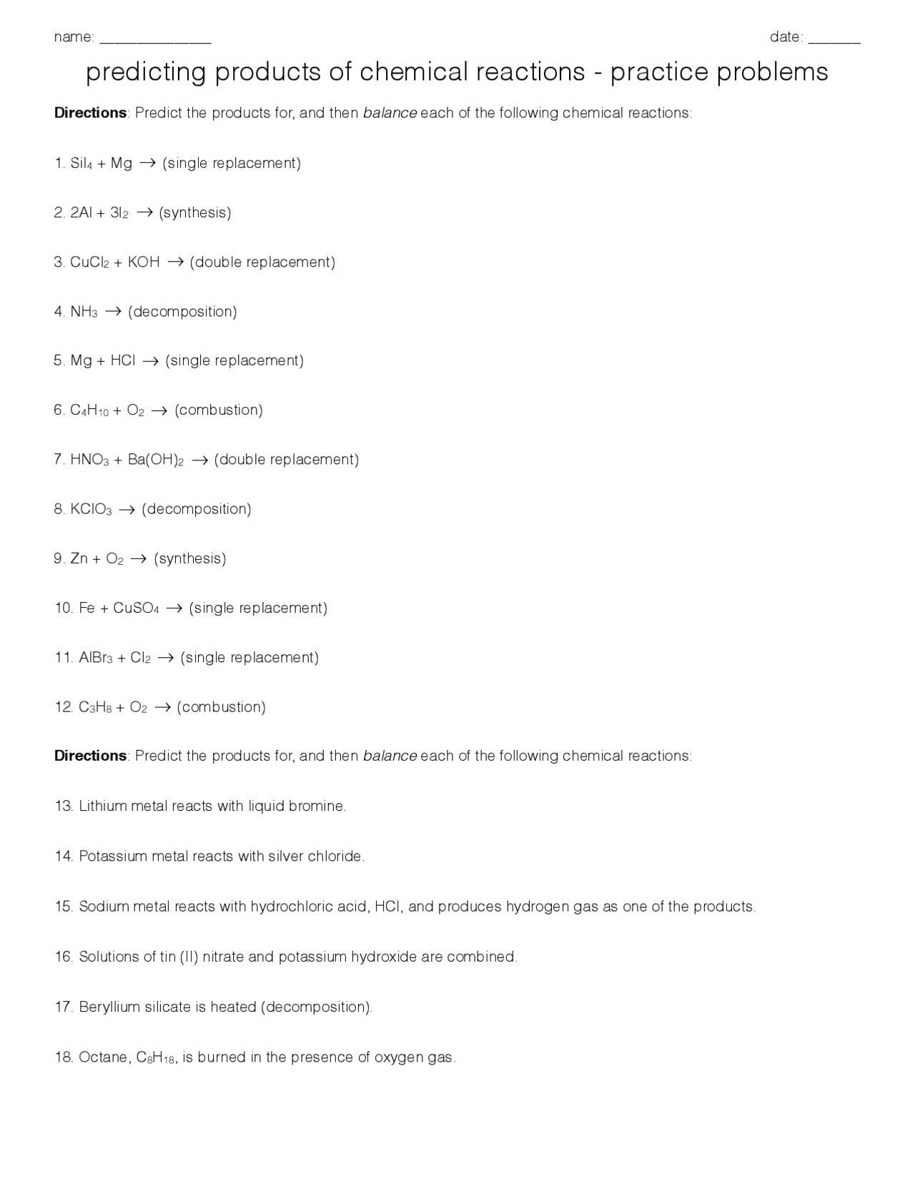 Predicting Products Of Chemical Reactions Worksheet Exercises Chemistry Docsity