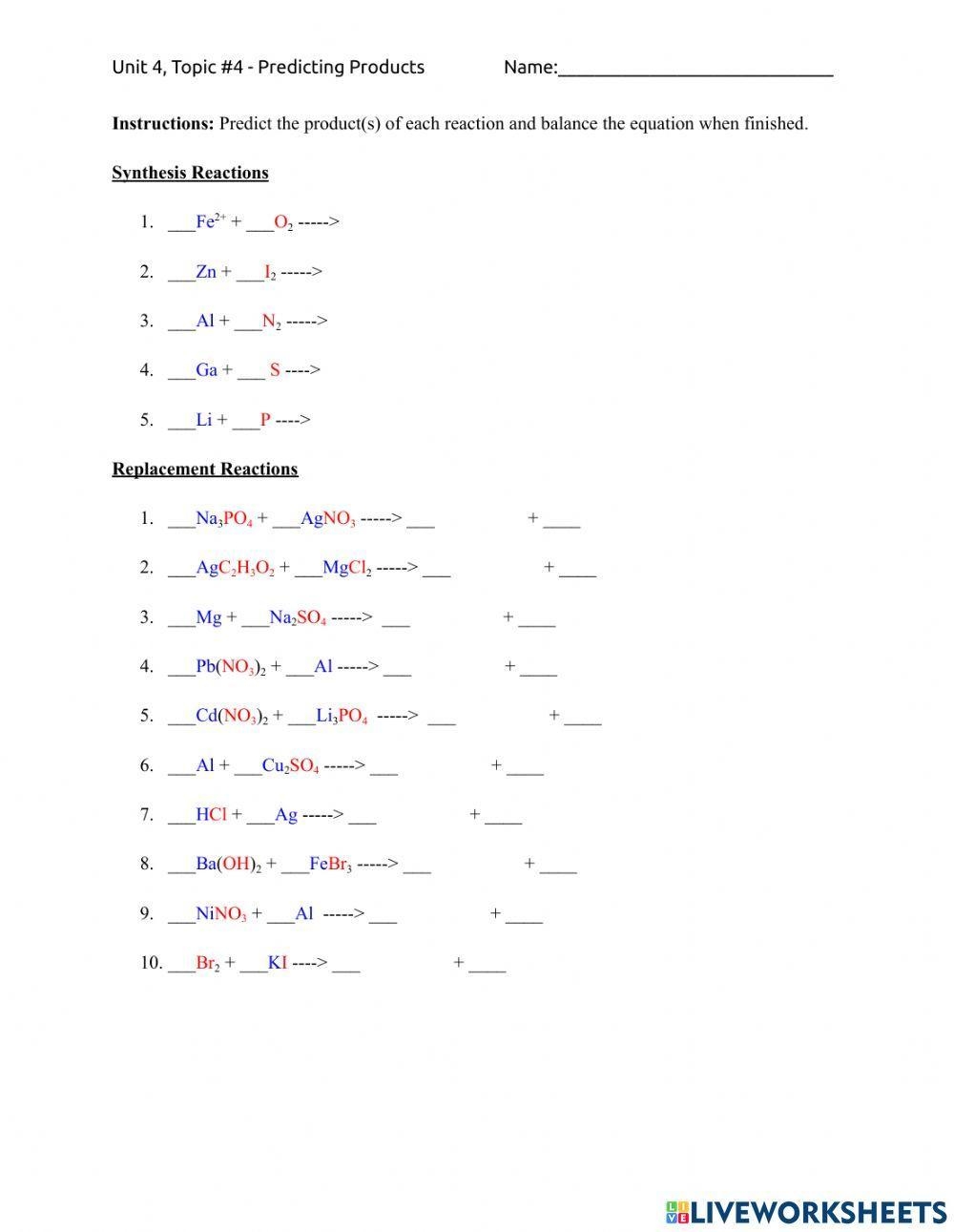 predicting products of chemical reactions worksheet