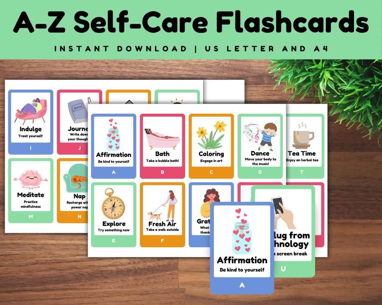 Printable A Z Self Care Flashcards For Kids Or Adults Wellness Flashcards Etsy