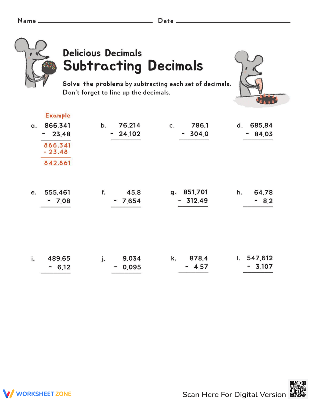 subtracting decimals worksheet