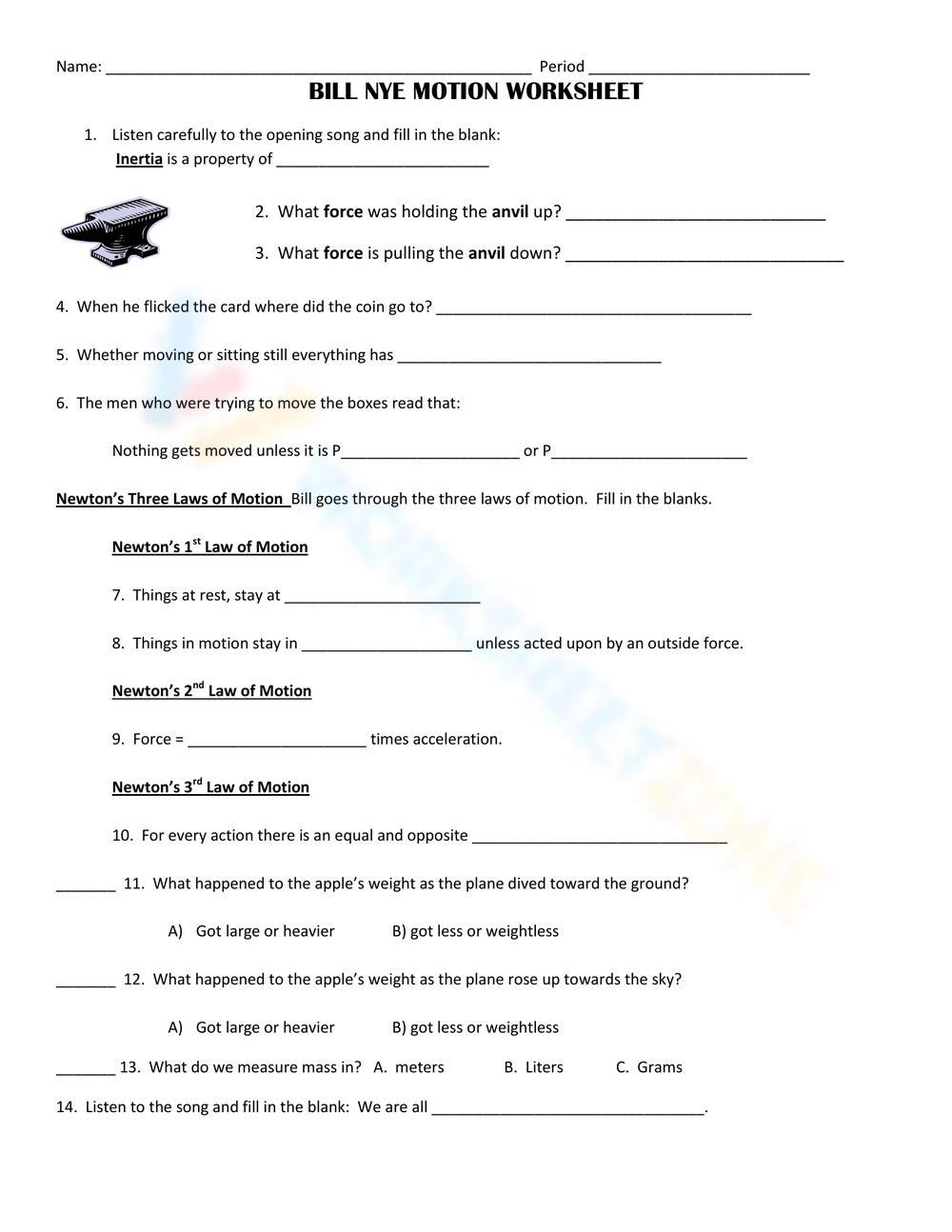 Printable Bill Nye Motion Worksheets