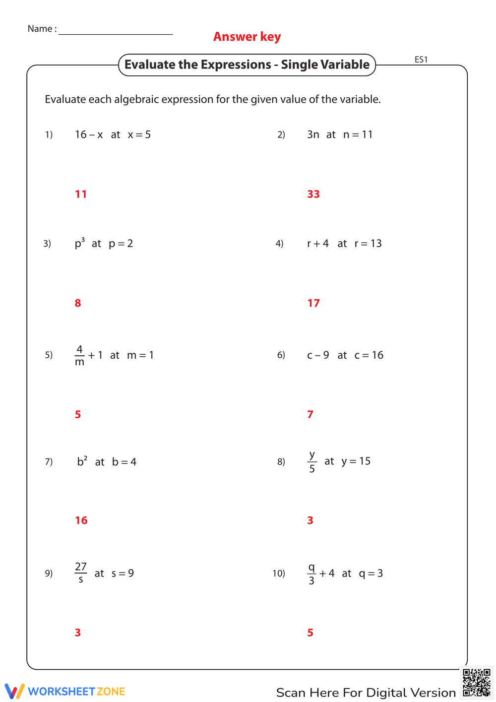 Printable Evaluating Expressions Worksheets Download