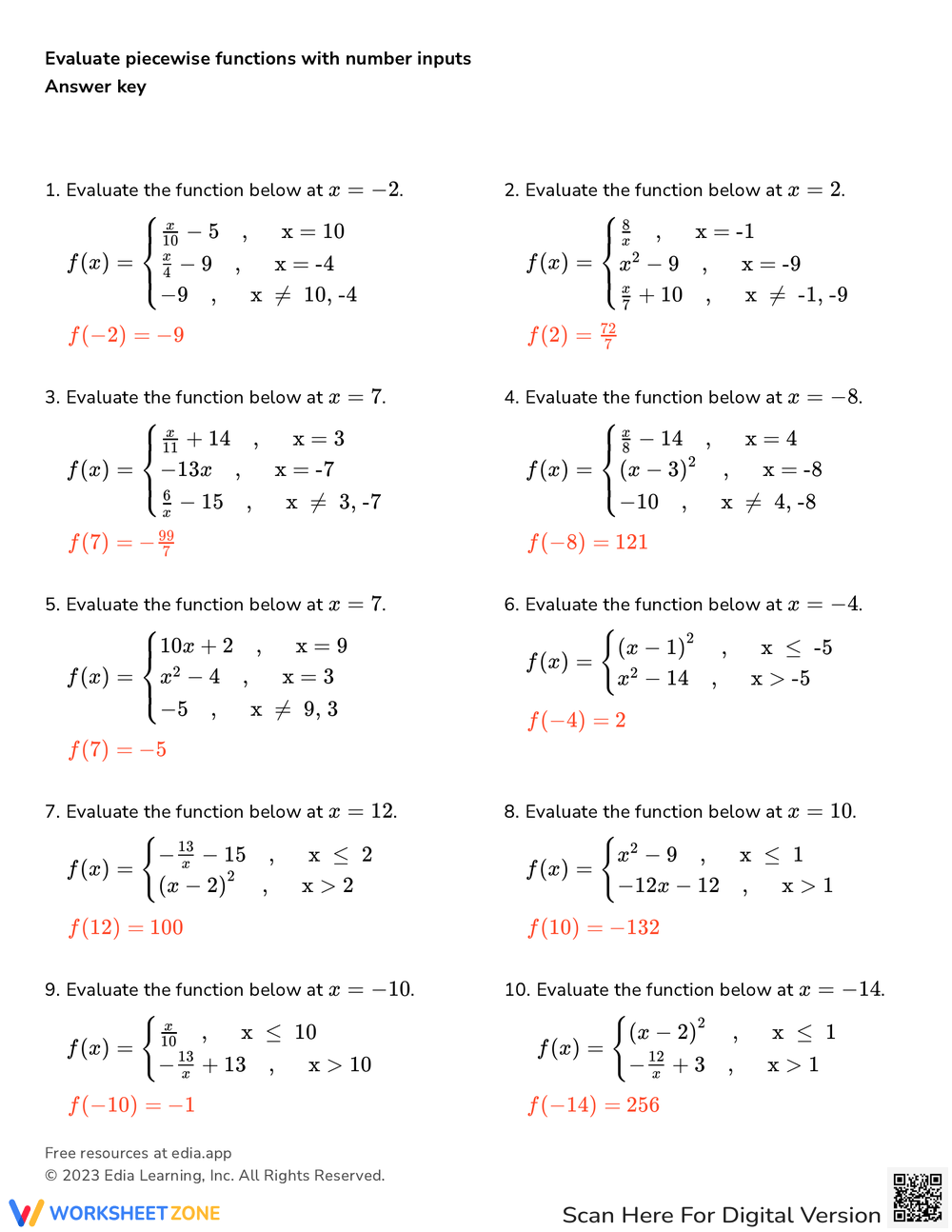 piecewise function worksheet