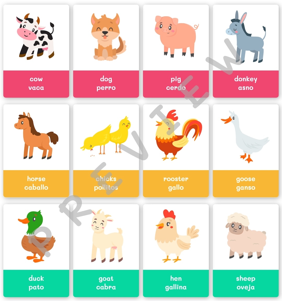 Printable Farm Animals FlashCards Englisch Spanisch Etsy de