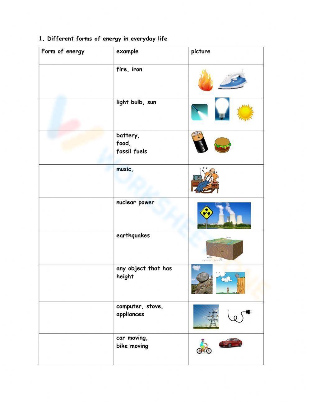 Printable Forms Of Energy Worksheets Download