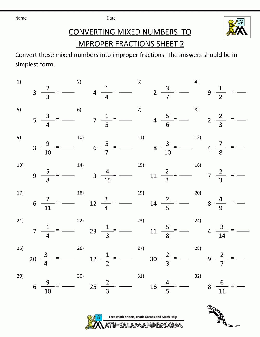 Printable fraction worksheets convert mixed numbers to improper fractions 2 gif 1 000 1 294 Pixels