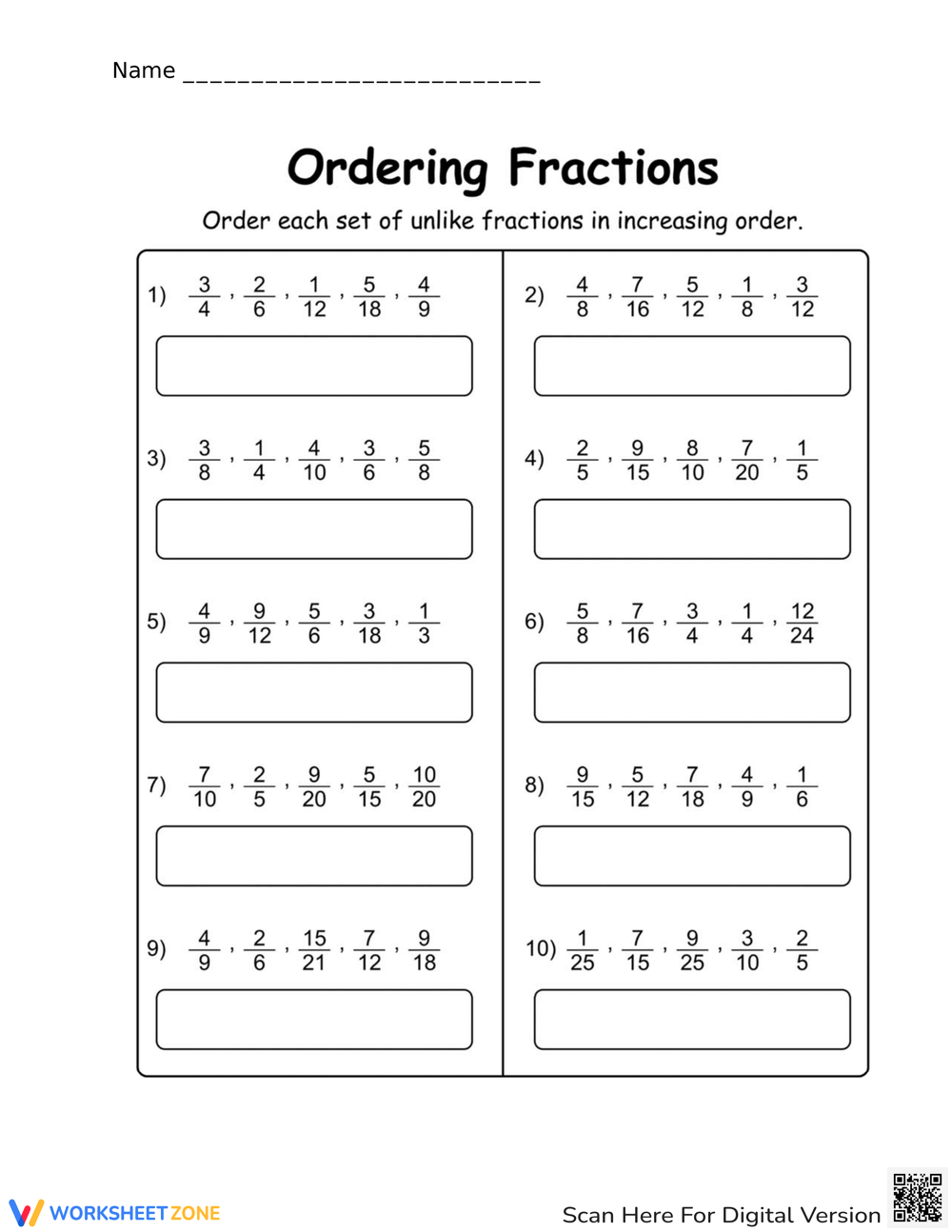 Printable Fractions Ordering Worksheets Download
