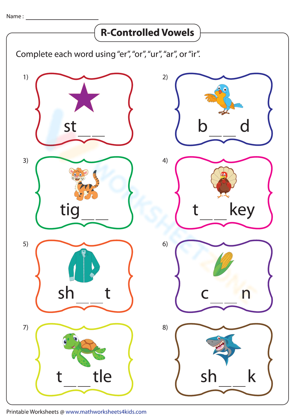 Printable Grade 1 R Controlled Vowels Worksheets