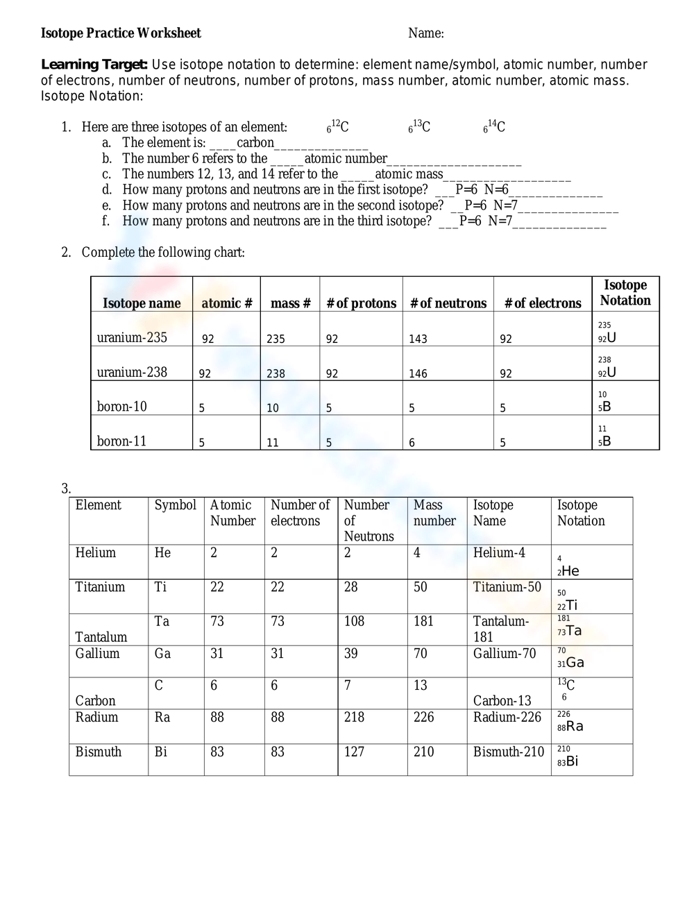 Printable Grade 10 Isotope Practice Worksheets
