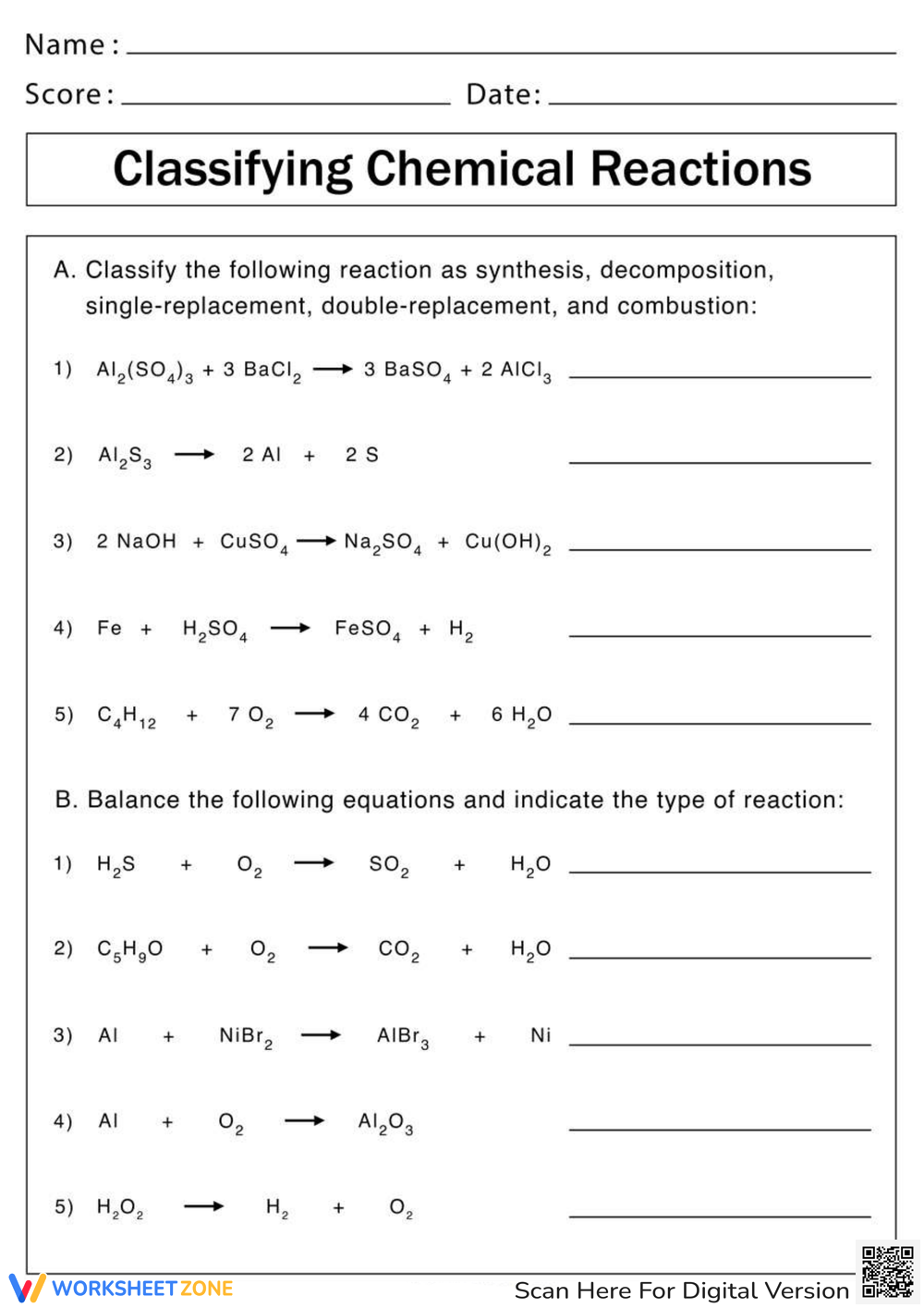 chemistry reaction worksheet