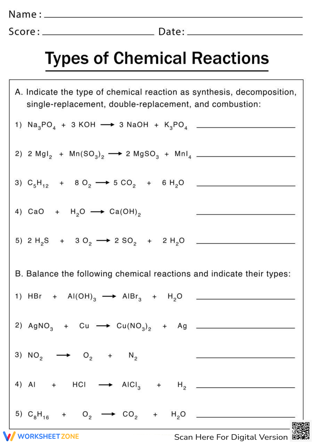 chemical reaction types worksheet chemical reaction types worksheet