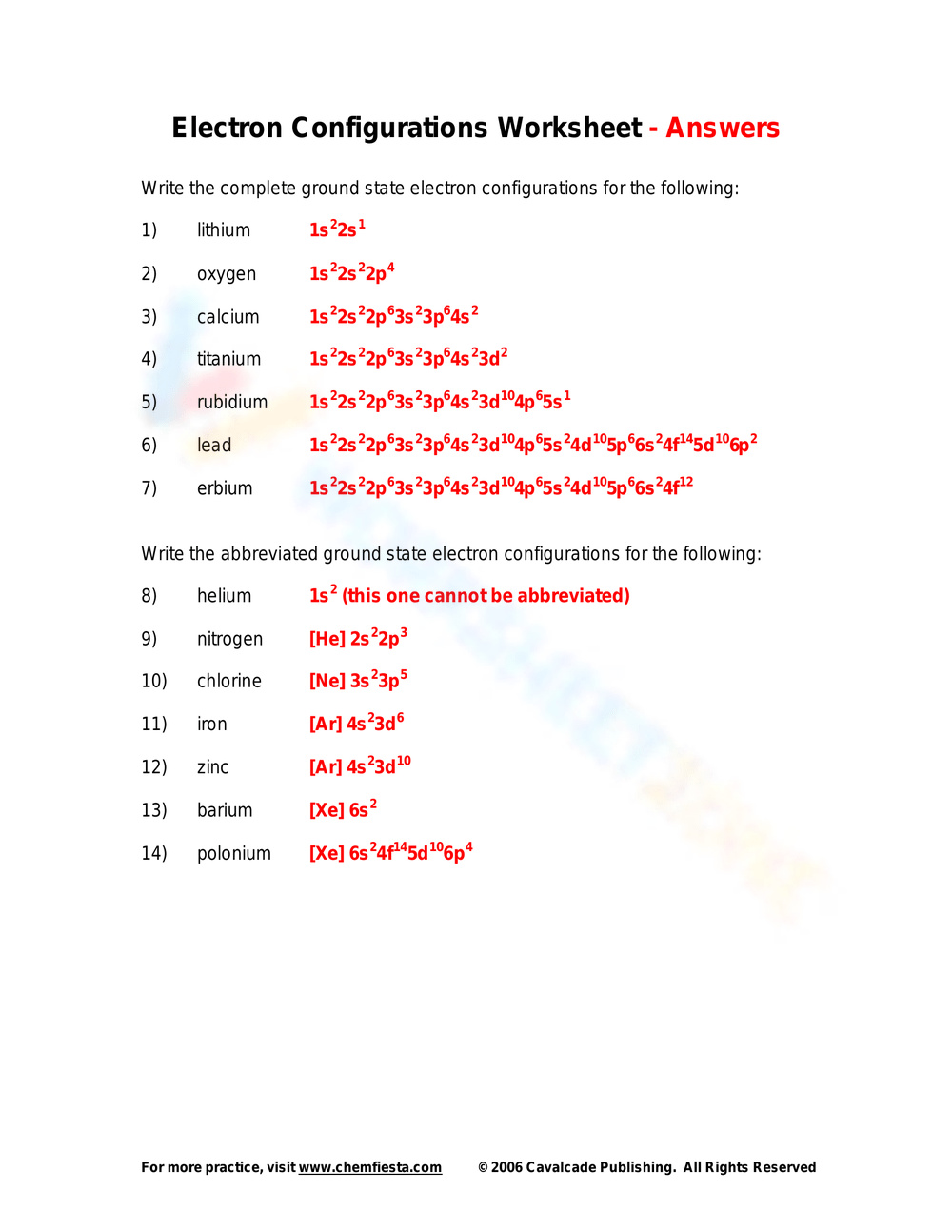 Printable Grade 11 Electron Configuration Practice Worksheets