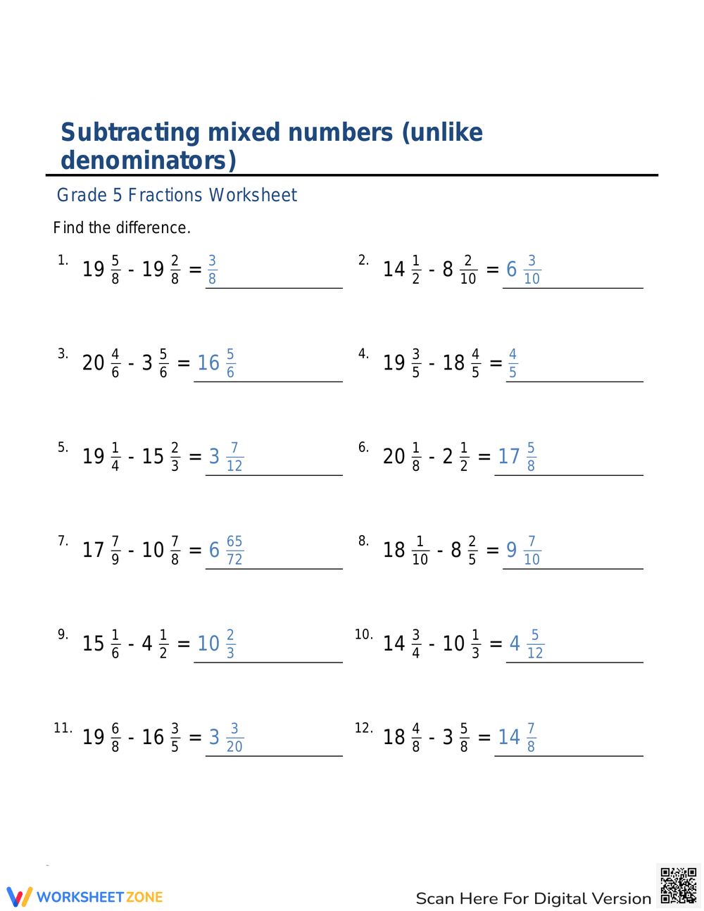 subtracting fractions with unlike denominators worksheets