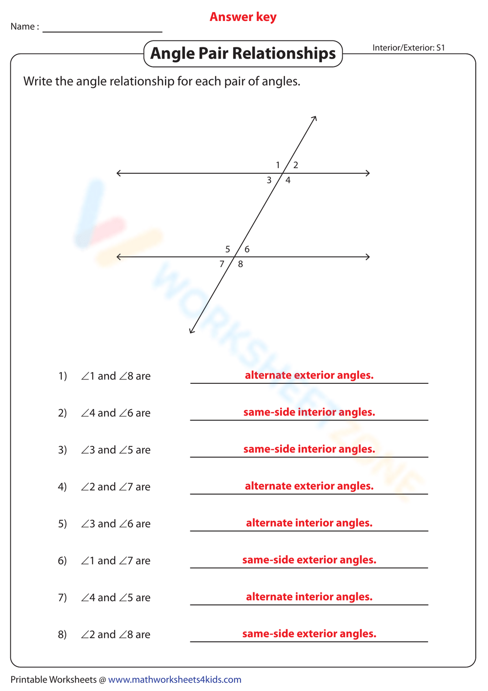 Printable Grade 6 Angle Pair Relationships Worksheets