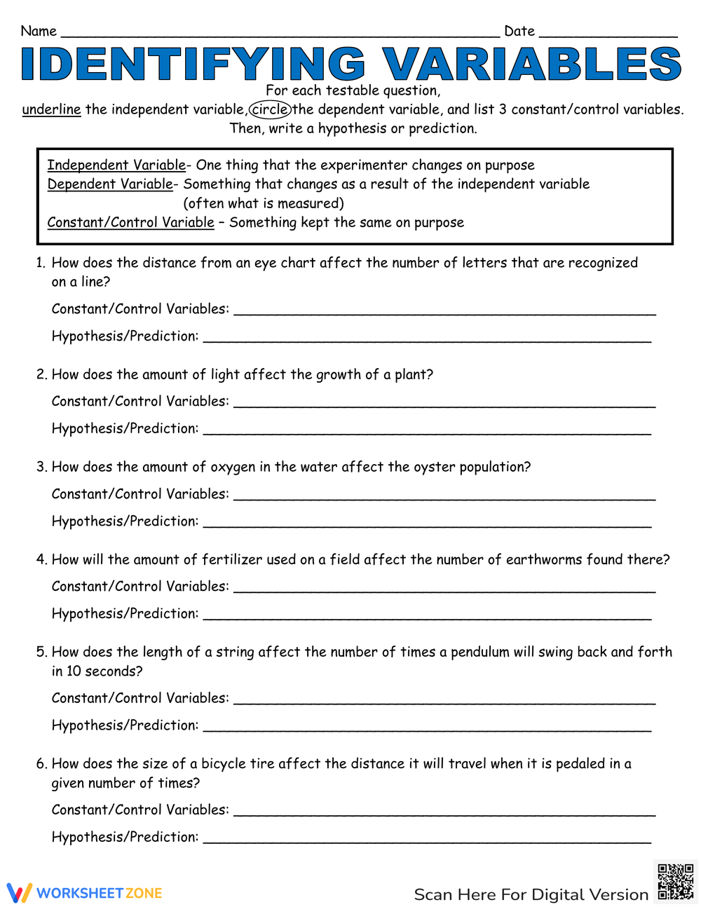 dependent and independent variables in math worksheets