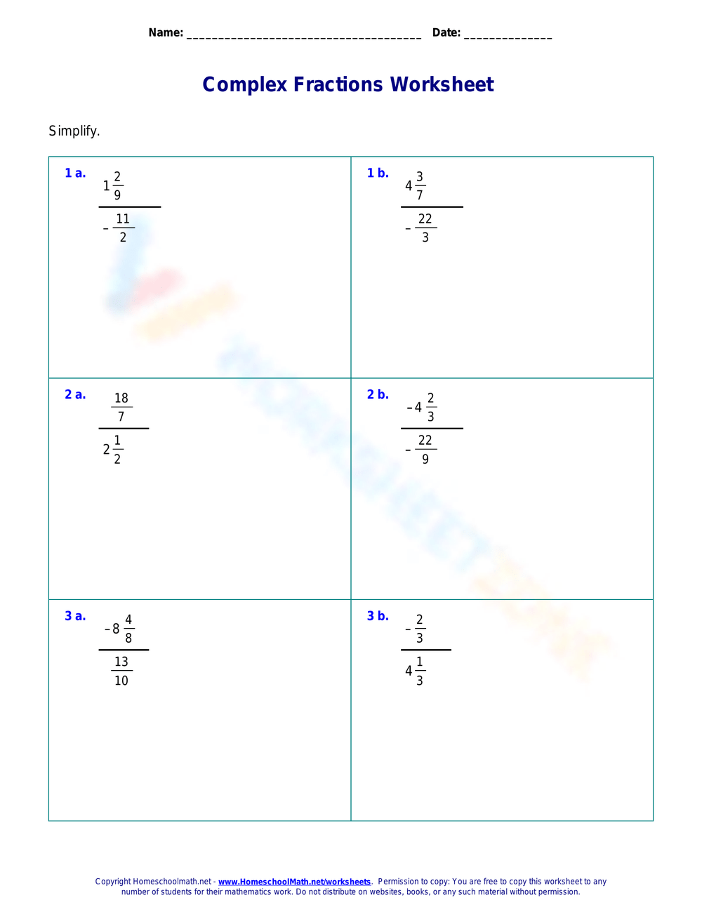 Printable Grade 7 Complex Fractions Worksheets