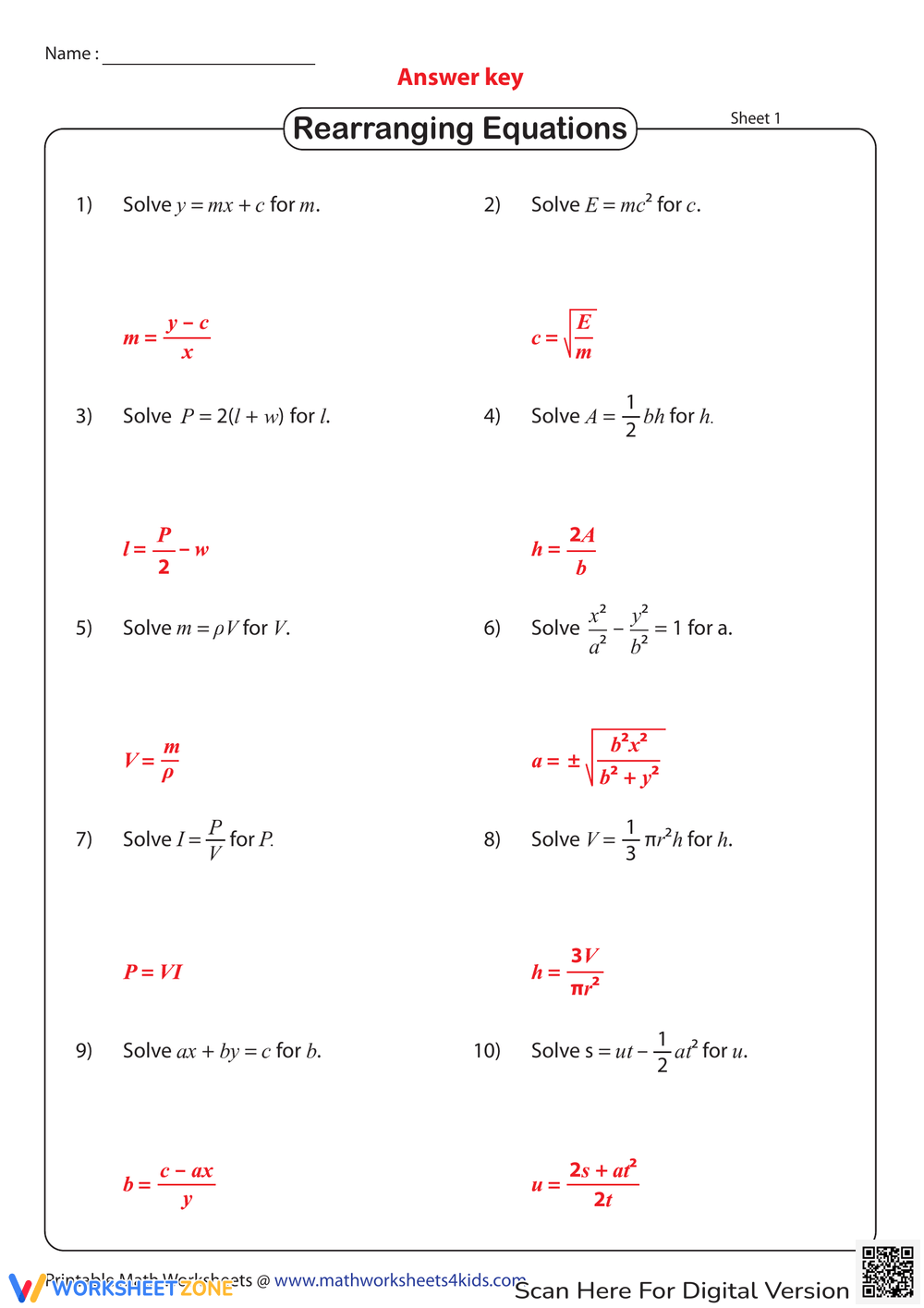 Printable Grade 7 Solving Literal Equations Worksheets