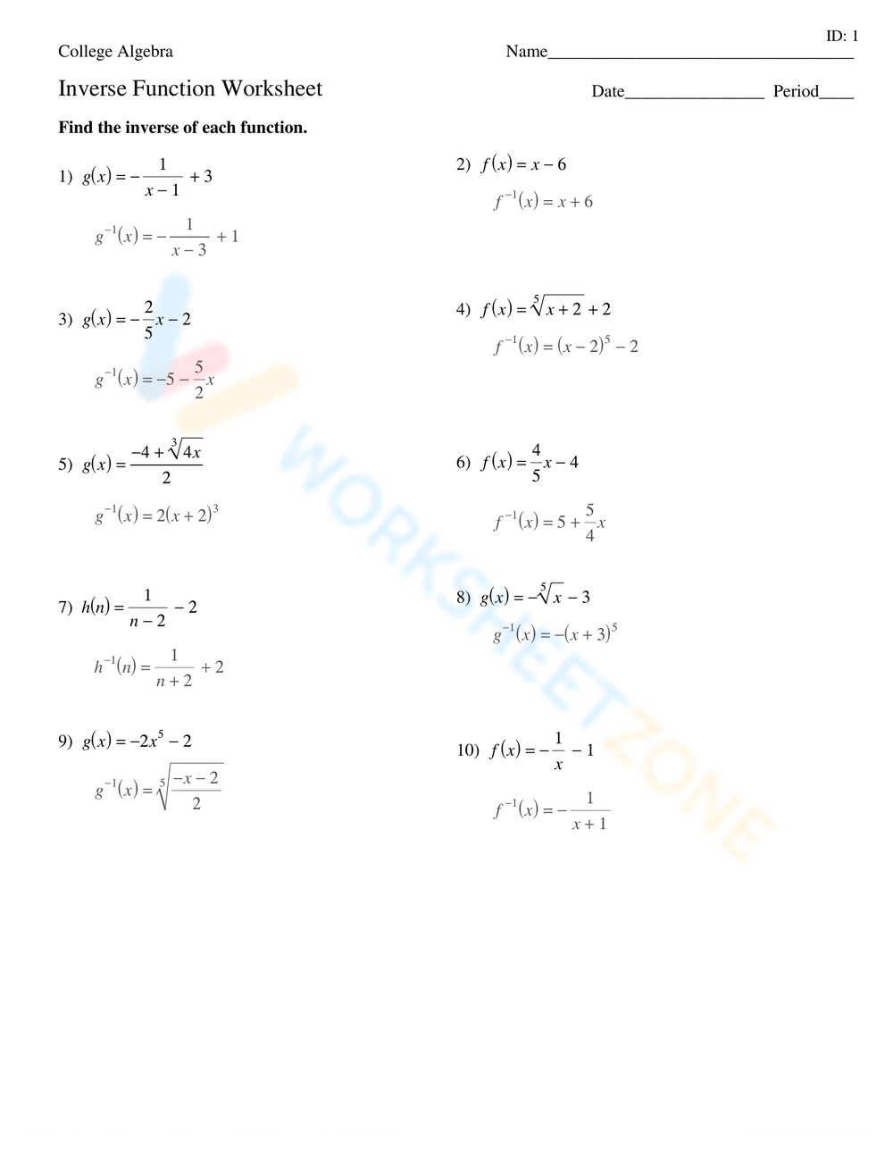 inverse functions worksheet inverse functions worksheet