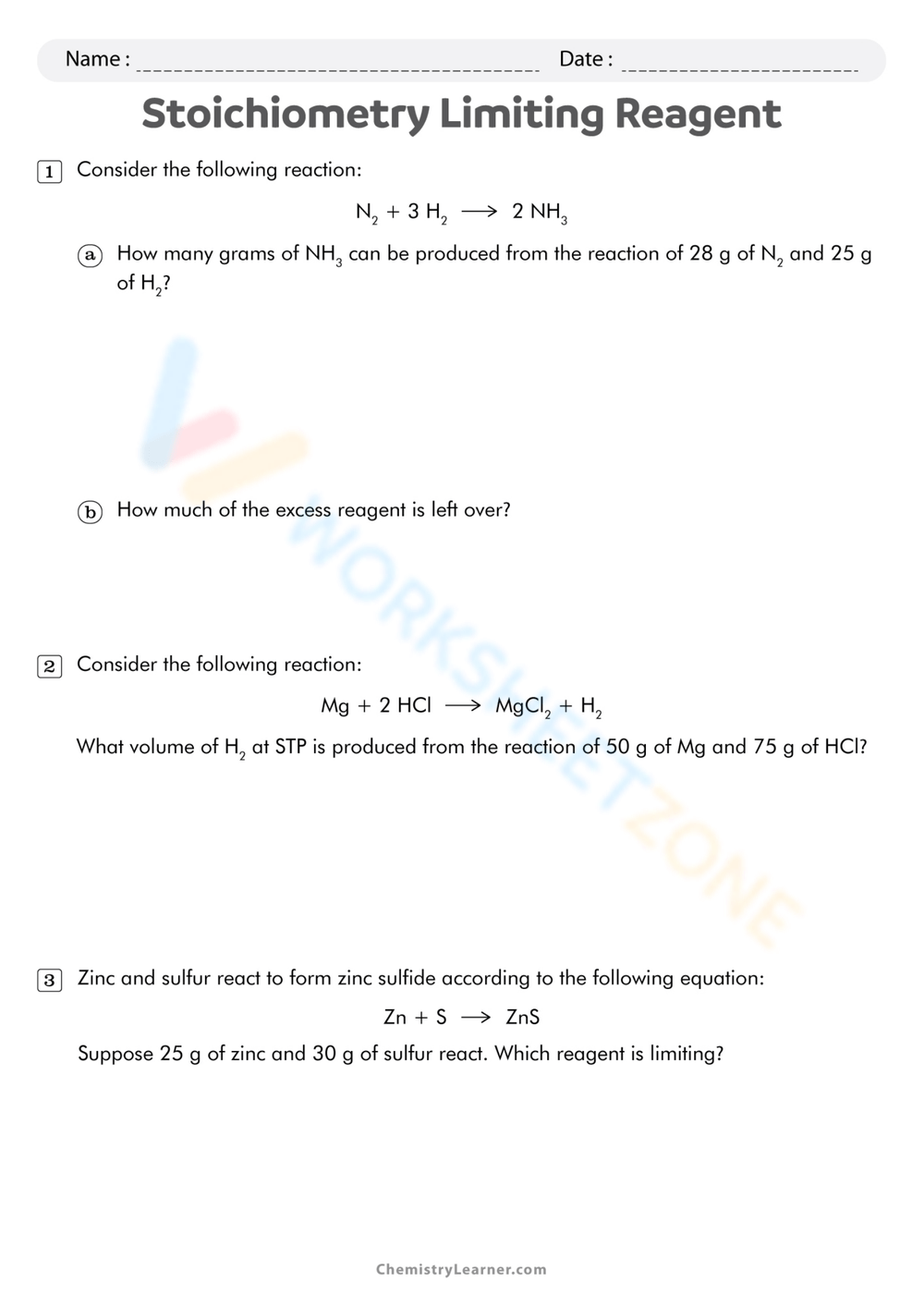 Printable Grade 8 Limiting Reactant Worksheets