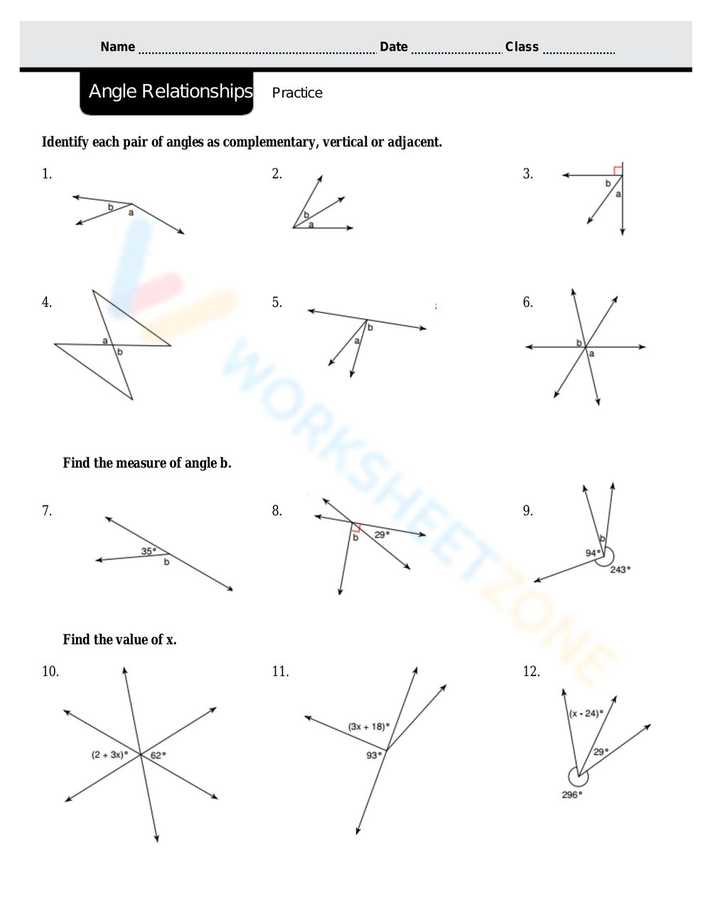 Printable Grade 9 Angle Relationships Worksheets