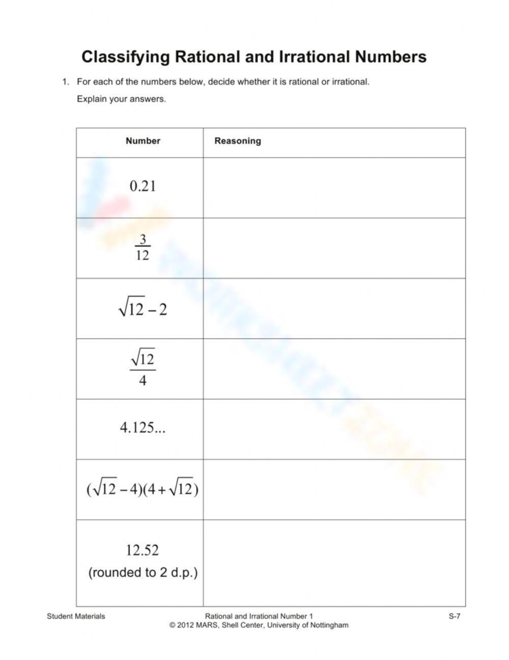Printable Grade 9 Rational And Irrational Numbers Worksheets