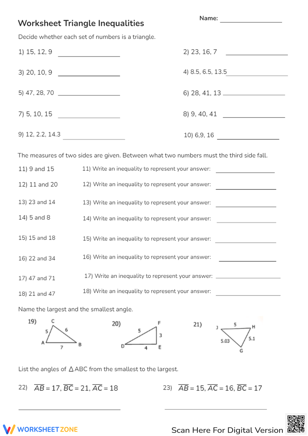 Printable Grade 9 Triangle Inequality Theorem Worksheets