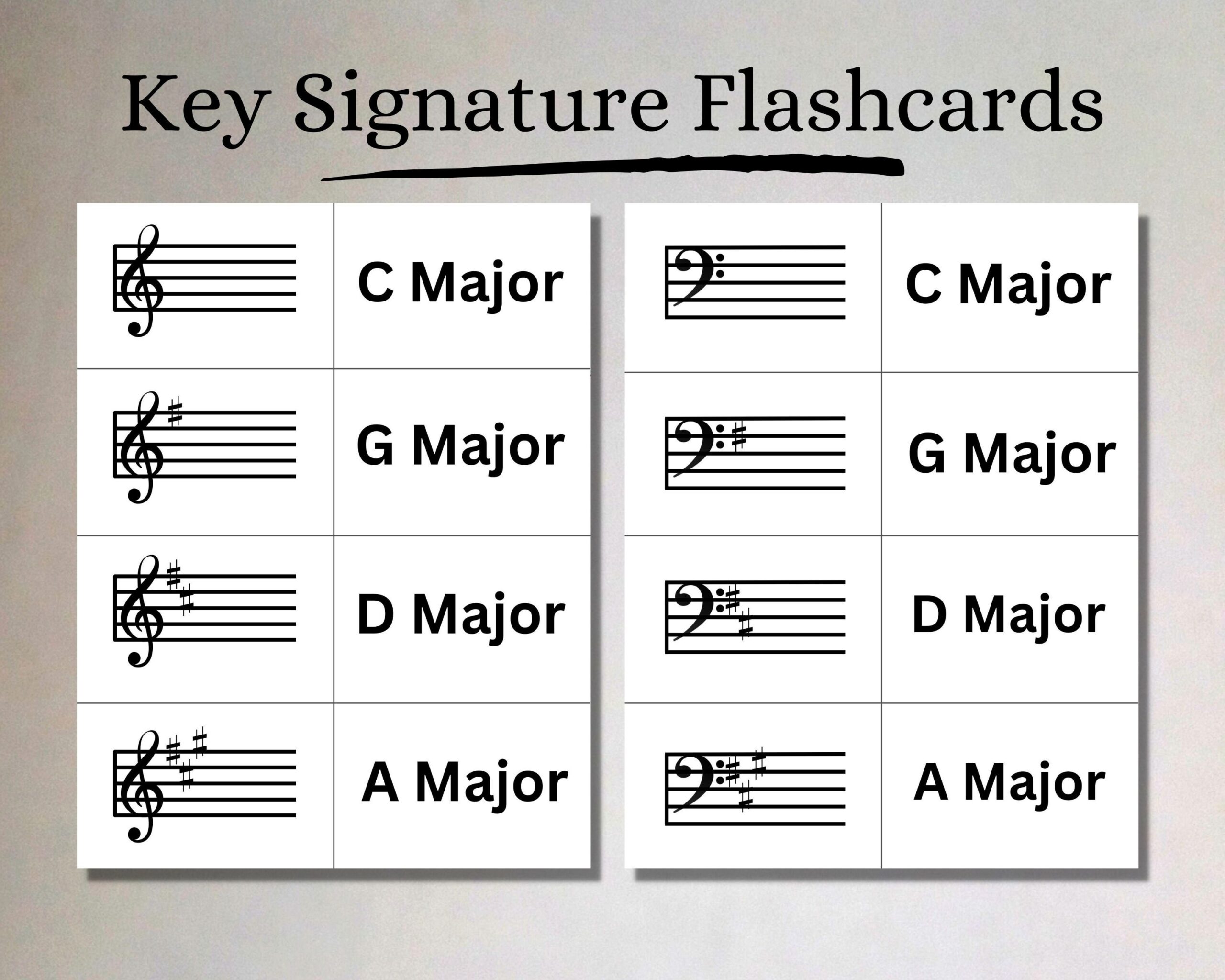 Printable Key Signature Flashcards Major Keys Treble And Bass Clef Music Theory Flashcards For Instant Download In A4 And US Letter Etsy Canada